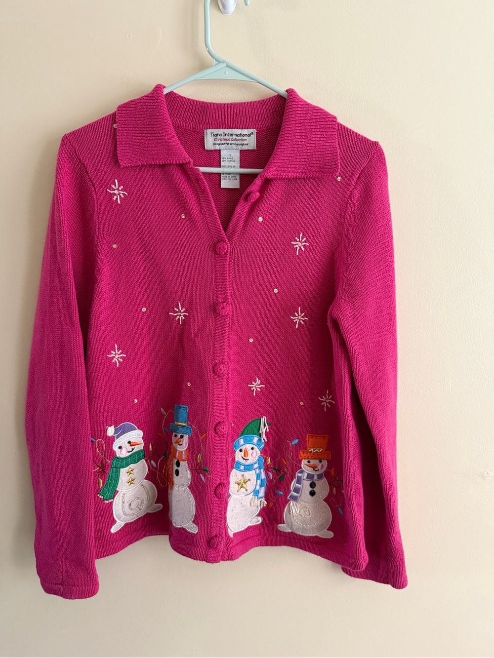 Women's Bright Pink Snowman Button-Up Cardigan Sweater
